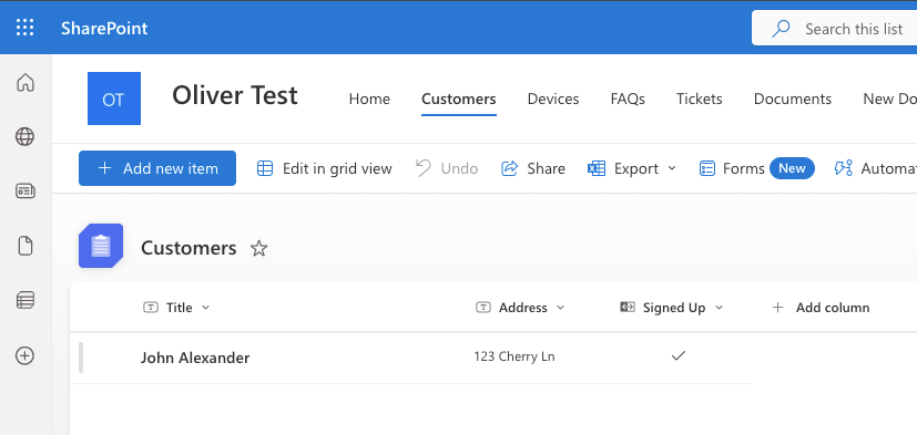 Customers SharePoint list